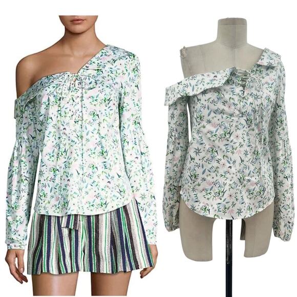 Amur Reagan One Shoulder Blouse Top White Floral Print Long Sleeve Size Small - Picture 1 of 13